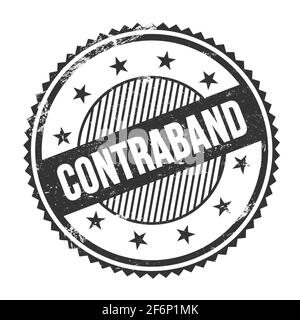 CONTRABAND text written on black grungy zig zag borders round stamp. Stock Photo