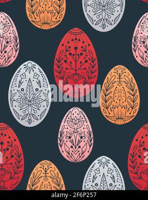 Seamless festive pattern with eggs and folk ornaments on dark background. Wallpaper with Easter treat. Wrapping paper with eggs with natural flower de Stock Vector