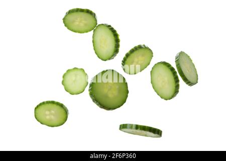 Ripe cucumber slices isolated on white background Stock Photo