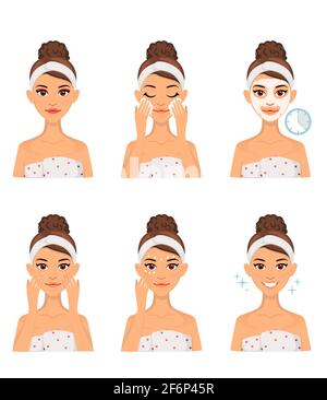 Set of woman doing home beauty treatments. Facial care. Stock Vector