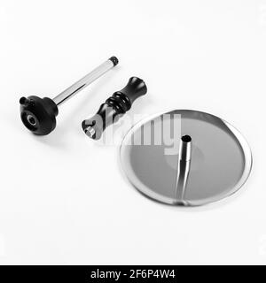 Disassembled stainless steel hookah on a white background. Stock Photo