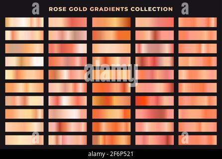 Set of rose gold gradients collection. Foil texture backgrounds. Elegant, shiny and bright gradient collection for chrome button, frame, ribbon. Stock Vector