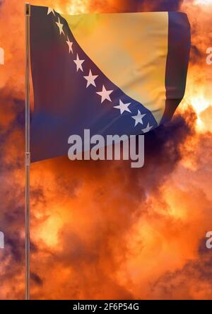 Bosnia and Herzegovina flag with sky background. Waving banner. National flag of Bosnia and Herzegovina Stock Photo