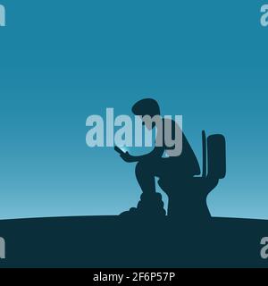 man sitting on toilet bowl and using smartphone for long time in blue gradient shade. Health concept. Stock Vector