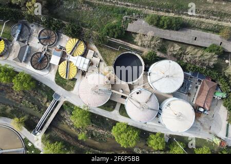 Aerial view of Piping and tanks of industrial factory. High quality photo