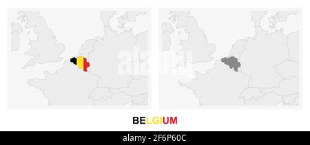 Two versions of the map of Belgium, with the flag of Belgium and highlighted in dark grey. Vector map. Stock Vector