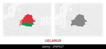 Two versions of the map of Belarus, with the flag of Belarus and highlighted in dark grey. Vector map. Stock Vector