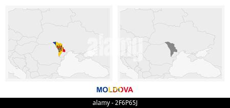 Two versions of the map of Moldova, with the flag of Moldova and highlighted in dark grey. Vector map. Stock Vector