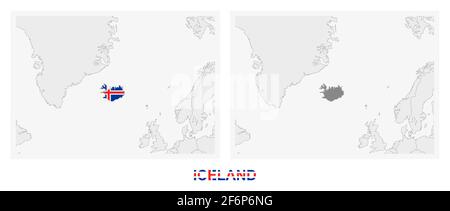 Two versions of the map of Iceland, with the flag of Iceland and highlighted in dark grey. Vector map. Stock Vector