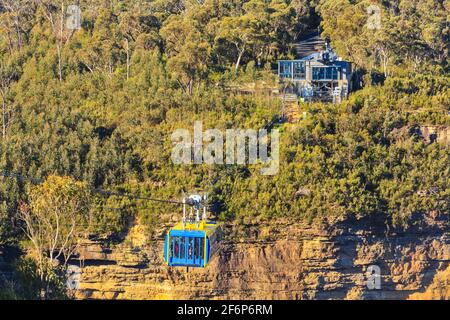 A cable car operated by Scenic World high above a valley in the Blue Mountains, New South Wales, Australia Stock Photo