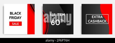 Square Black Friday sale banner template in black and white color combination. Minimal modern geometric layout for social media ads. Vector illustrati Stock Vector