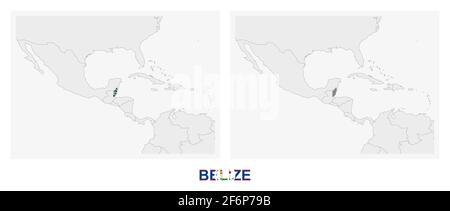 Two versions of the map of Belize, with the flag of Belize and highlighted in dark grey. Vector map. Stock Vector