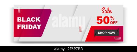 Minimal modern geometric horizontal Black Friday sale banner in black, white and red color. Vector template and layout design for web, blog, social me Stock Vector