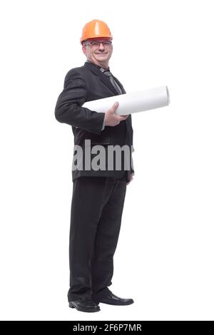 Side view happy male architect holding blueprints Stock Photo