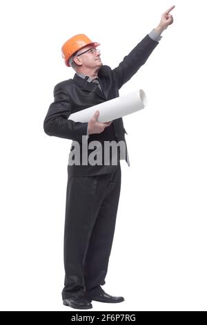 Portrait of engineer in hard hat and with plans Stock Photo