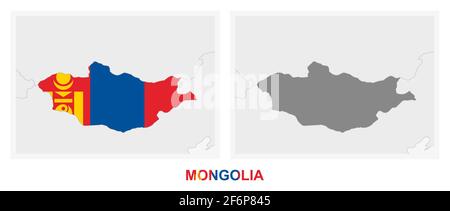 Two versions of the map of Mongolia, with the flag of Mongolia and highlighted in dark grey. Vector map. Stock Vector