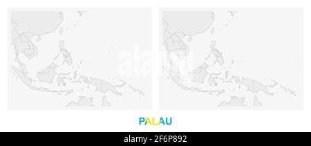 Two versions of the map of Palau, with the flag of Palau and highlighted in dark grey. Vector map. Stock Vector