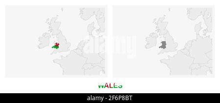 Two versions of the map of Wales, with the flag of Wales and highlighted in dark grey. Vector map. Stock Vector