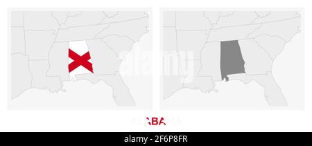 Two versions of the map of US State Alabama, with the flag of Alabama and highlighted in dark grey. Vector map. Stock Vector