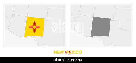 Two versions of the map of US State New Mexico, with the flag of New Mexico and highlighted in dark grey. Vector map. Stock Vector