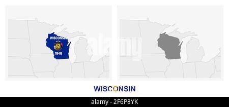 Two versions of the map of US State Wisconsin, with the flag of Wisconsin and highlighted in dark grey. Vector map. Stock Vector