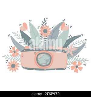 Cute colorful retro photo camera with fllowers in flat cartoon style. Vector hand drawn camera with floral illustration with pastels colors. Isolated Stock Vector