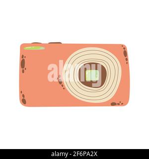 Cute compact photo camera icon in cartoon flat design. Digital camera with battery grip clip art in doodle style. Vector illustration isolated on whit Stock Vector