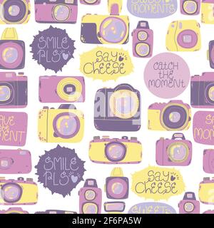 Cute seamless pattern with photo camera in cartoons style. Background with retro, dslr, instant and digital cameras in flat design. Vector endless bac Stock Vector