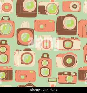 Cute seamless pattern with photo camera in cartoons style. Background with retro, dslr, instant and digital cameras in flat design. Vector endless bac Stock Vector