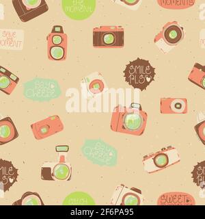 Cute seamless pattern with photo camera in cartoons style. Background with retro, dslr, instant and digital cameras in flat design. Vector endless bac Stock Vector
