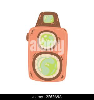 Cute retro photo camera icon in cartoon flat design. Old style camera with battery grip clip art in doodle style. Vector illustration isolated on whit Stock Vector