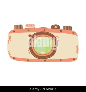 Cute retro photo camera icon in cartoon flat design. Old style camera with battery grip clip art in doodle style. Vector illustration isolated on whit Stock Vector