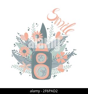Cute retro photo camera with flowers and leaf with speech bubble with quote smile in flat cartoon style. Vector hand drawn illustration of retro camer Stock Vector