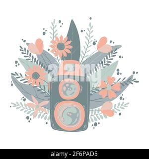 Cute colorful retro photo camera with fllowers in flat cartoon style. Vector hand drawn camera with floral illustration with pastels colors. Isolated Stock Vector