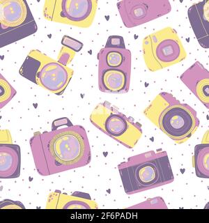 Cute seamless pattern with photo camera in cartoons style. Background with retro, dslr, instant and digital cameras in flat design. Vector endless bac Stock Vector