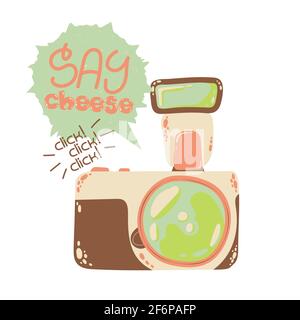 Cute dslr photo camera with speech bubble with quote Say Cheese in flat cartoon style. Vector hand drawn camera illustration on white background with Stock Vector