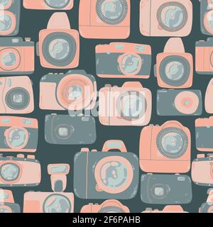Cute seamless pattern with photo camera in cartoons style. Background with retro, dslr, instant and digital cameras in flat design. Vector endless bac Stock Vector