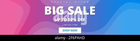 Horizontal selling banner. Colored wide banner with pink and blue gradation geometric modern background for sale, special offer, clearance. Vector Stock Vector