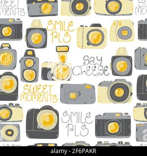 Cute seamless pattern with photo camera in cartoons style. Background with retro, dslr, instant and digital cameras in flat design. Vector endless bac Stock Vector