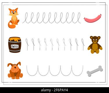 Practice your handwriting, draw a line. Cartoon animals cat, dog, bear. animal food, sausage, bone, barrel of honey. Vector isolated on a white backgr Stock Vector