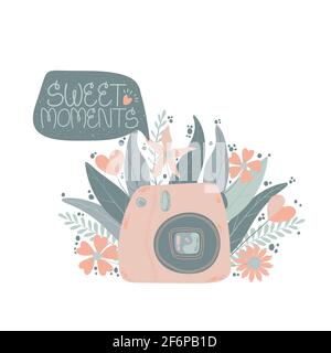 Cute instant photo camera with flowers and leaf with speech bubble with quote sweet moments in flat cartoon style. Vector hand drawn illustration of d Stock Vector