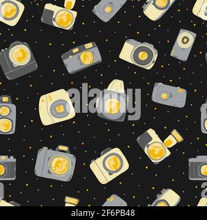 Cute seamless pattern with photo camera in cartoons style. Background with retro, dslr, instant and digital cameras in flat design. Vector endless bac Stock Vector