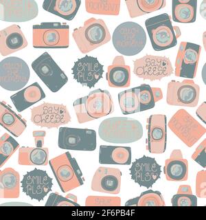 Cute seamless pattern with photo camera in cartoons style. Background with retro, dslr, instant and digital cameras in flat design. Vector endless bac Stock Vector