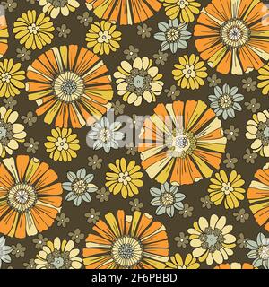 Colorful Large Scale Hand-Drawn Floral Vector Seamless Pattern. 70s Nostalgia Stock Vector