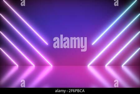 Neon Background Abstract Blue And Pink with Light Shapes line diagonals on colorful and reflective floor, party and concert concept. Stock Photo