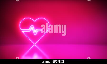 Neon heart cardiogram icon. Red fluorescent light. Valentines day invitation card concept. Love and romance background, health good. Stock Photo