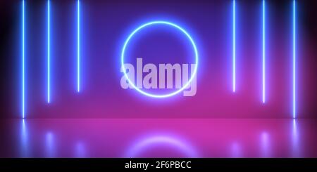 Neon abstract background, laser show in circle and lines in pink and blue spectrum vibrant colors, glowing lines, tunnel, neon lights, virtual reality Stock Photo