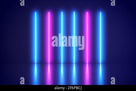 Futuristic Abstract Blue And Purple Neon Line Light Shapes On colorful background and reflective - render, laser show, night club interior lights, glo Stock Photo