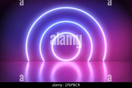 Neon abstract background, pink and blue spectrum vibrant colors, glowing lines, tunnel, neon lights, virtual reality, round portal, arch, laser show. Stock Photo