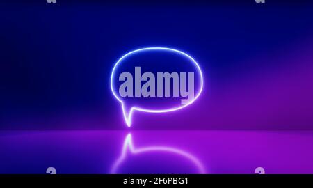 Chat bubble neon light icon in purple background with reflection. icon message. 3d rendering - illustration. Stock Photo